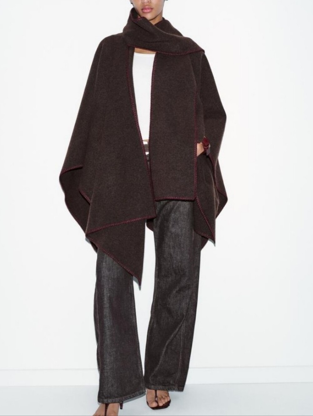 Zara Knit Cape Wool Blend With Constrasting Thread Scarf